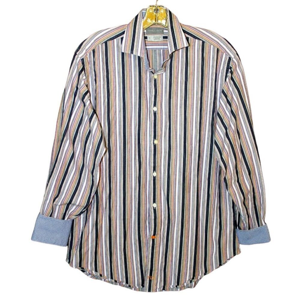 Thomas Dean Button Down Shirt Mens M Flip Cuff Orange Purple Stripe Cotton